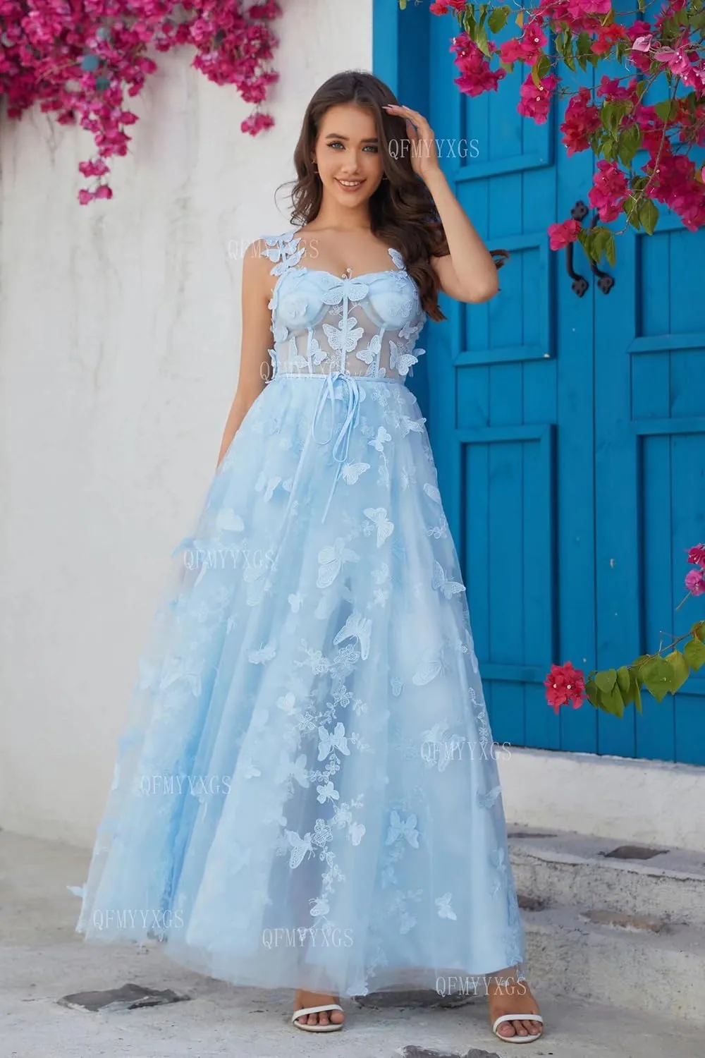 3D Butterfly Tulle Prom Dresses for Women 2025 Long Lace Applique Ball Gown Formal Evening Party Gown with Slit
