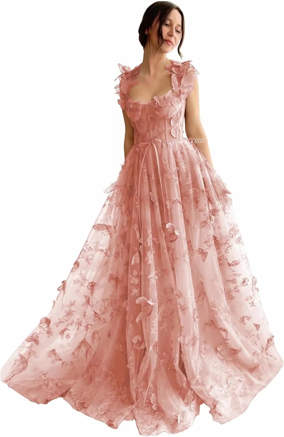 3D Butterfly Tulle Prom Dresses for Women 2025 Long Lace Applique Ball Gown Formal Evening Party Gown with Slit