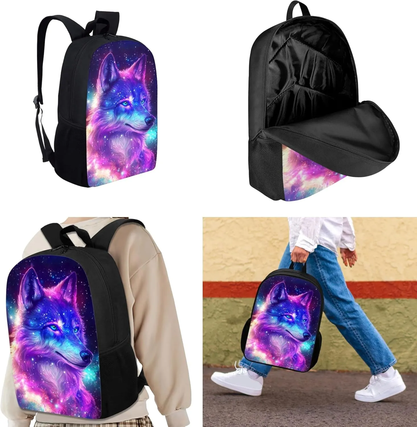 3pcs/set Galaxy Wolf Backpack School Bag Boys Secondary School Girls Schoolbag for Kids Bookbag with Lunch Box Pencil Purse Hiking Camping Travel Picnic Laptop Backpacks Rucksacks
