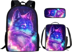3pcs/set Galaxy Wolf Backpack School Bag Boys Secondary School Girls Schoolbag for Kids Bookbag with Lunch Box Pencil Purse Hiking Camping Travel Picnic Laptop Backpacks Rucksacks
