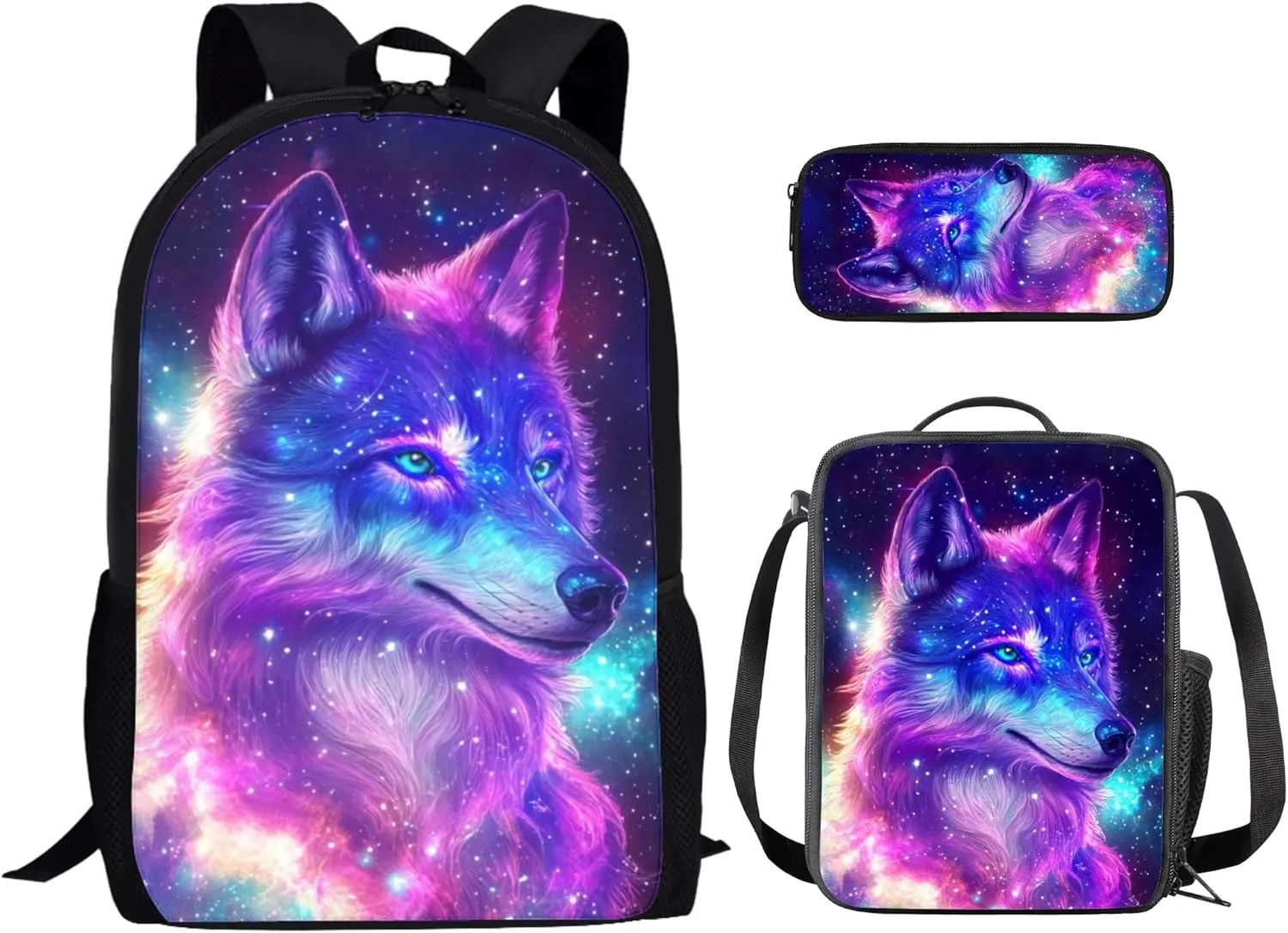 3pcs/set Galaxy Wolf Backpack School Bag Boys Secondary School Girls Schoolbag for Kids Bookbag with Lunch Box Pencil Purse Hiking Camping Travel Picnic Laptop Backpacks Rucksacks