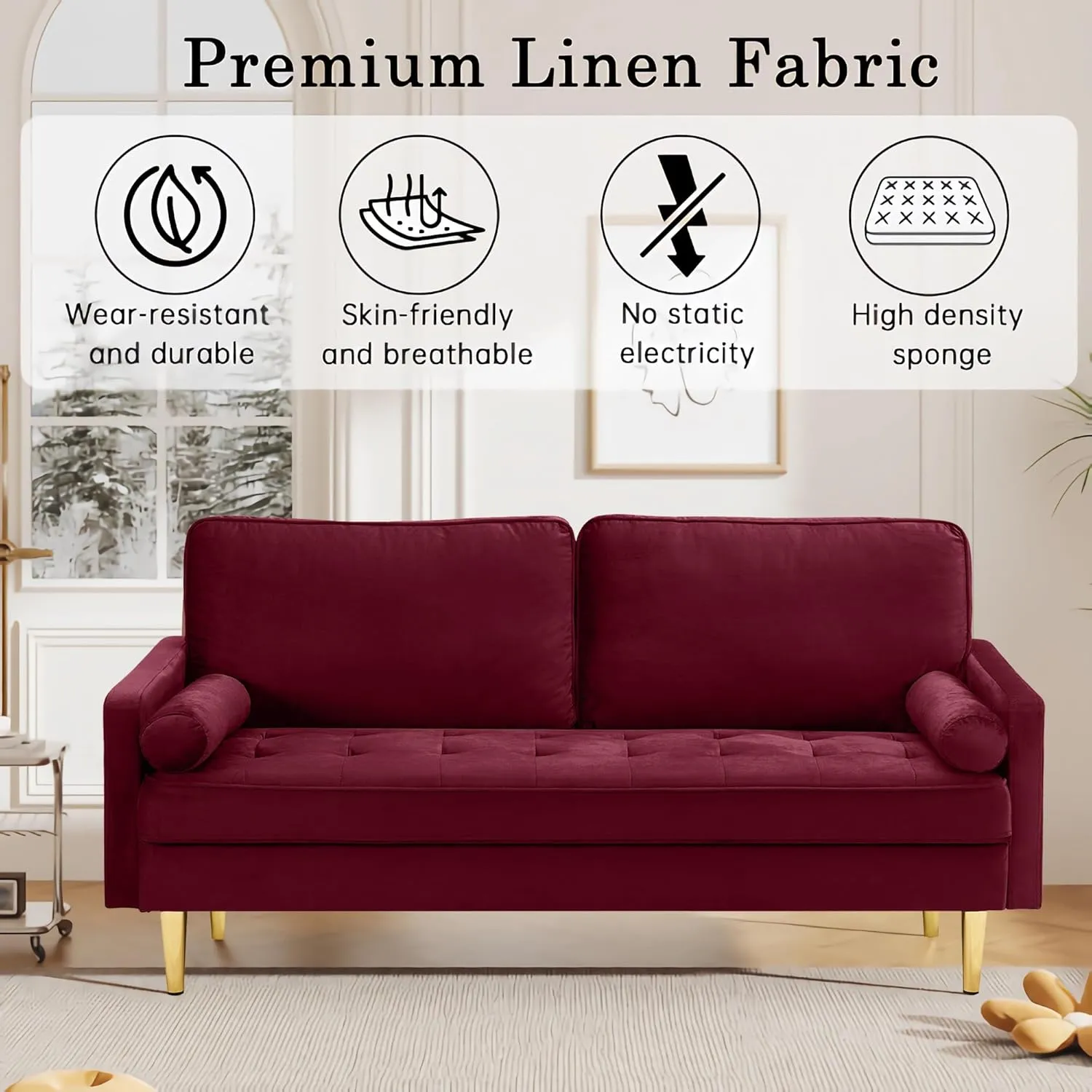 67" Modern Velvet Loveseat Sofa Couch, Mid-Century Tufted Upholstered Small Love Seat Couch with 2 Pillows & 4 Golden Legs, 2-Seats Couches for Compact Space, Living Room, Apartment (Burgundy)