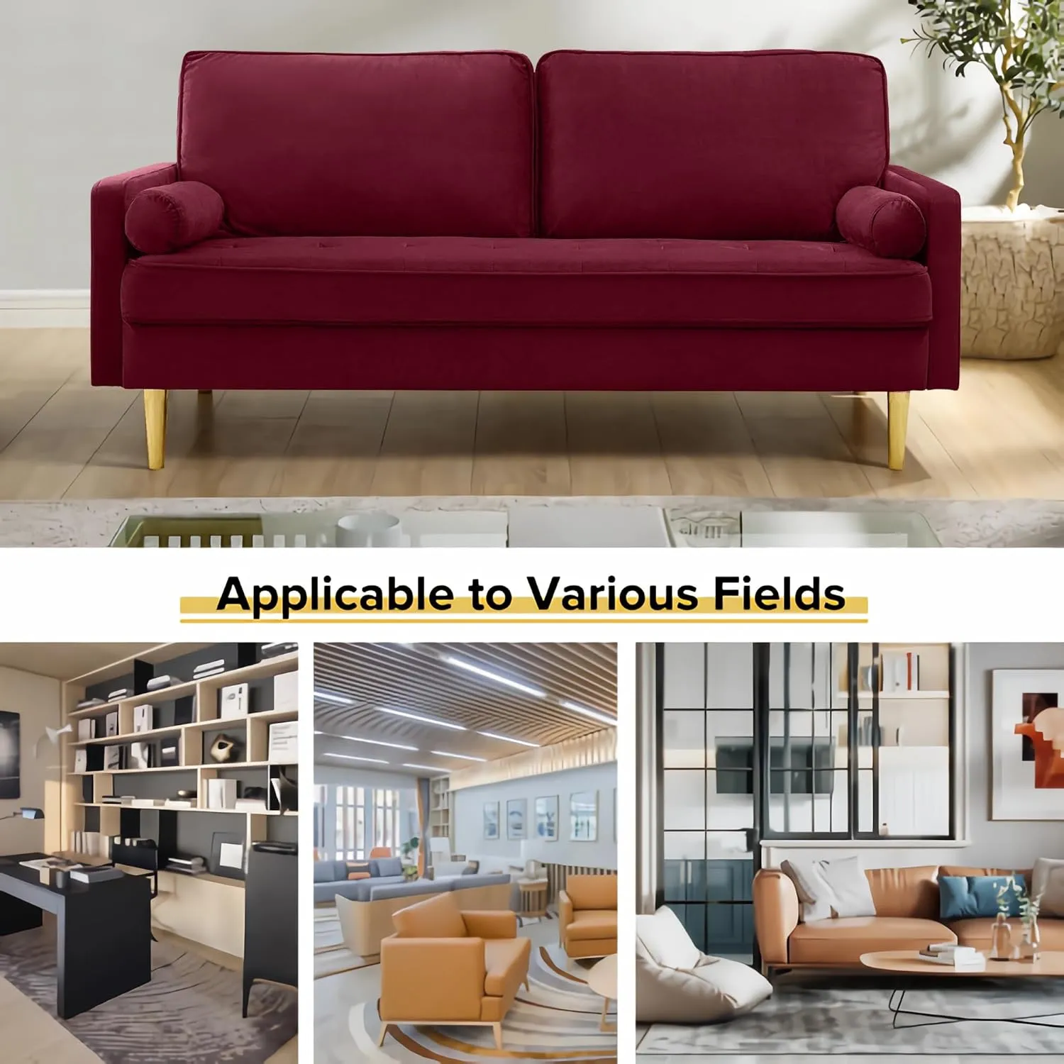 67" Modern Velvet Loveseat Sofa Couch, Mid-Century Tufted Upholstered Small Love Seat Couch with 2 Pillows & 4 Golden Legs, 2-Seats Couches for Compact Space, Living Room, Apartment (Burgundy)