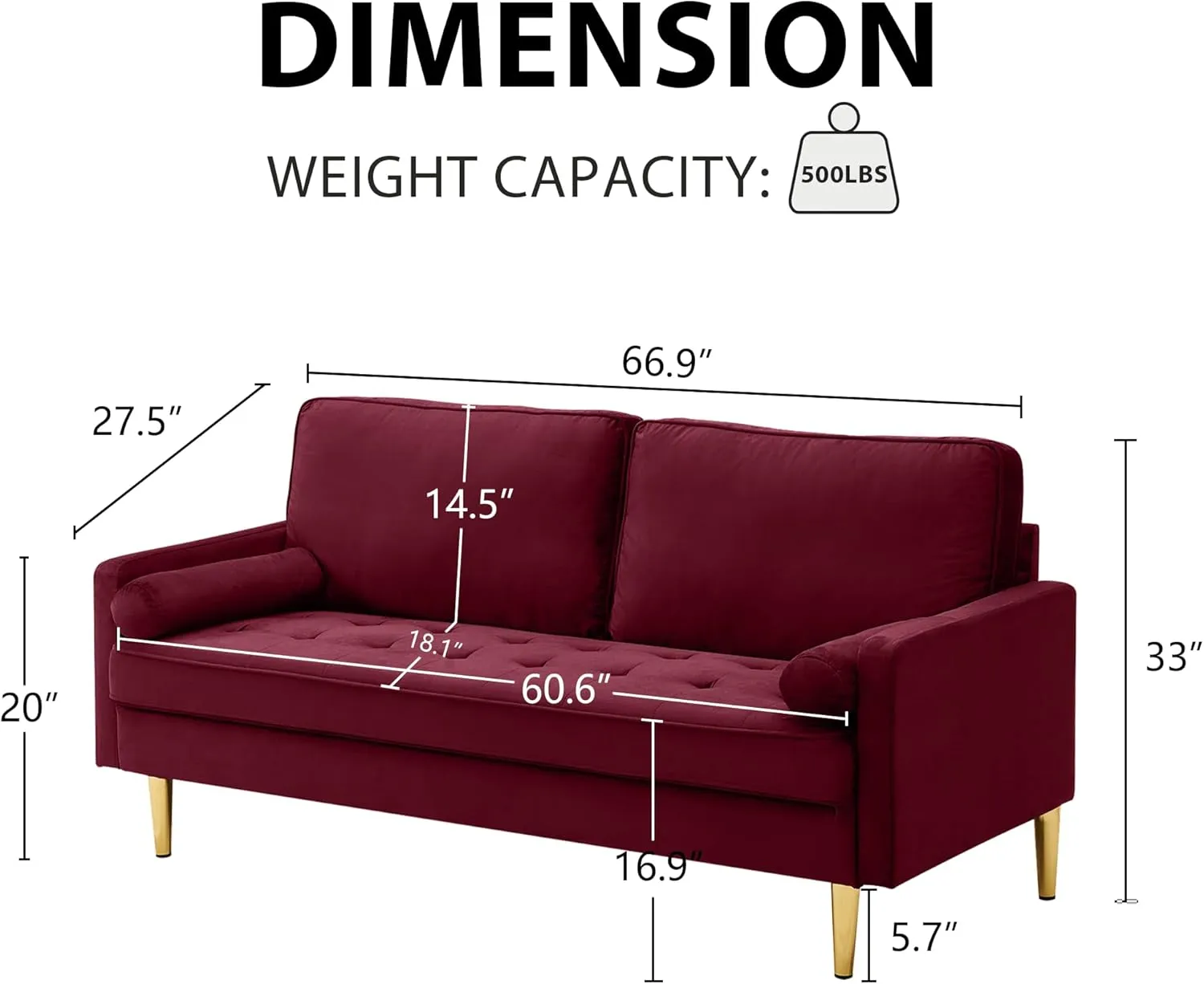 67" Modern Velvet Loveseat Sofa Couch, Mid-Century Tufted Upholstered Small Love Seat Couch with 2 Pillows & 4 Golden Legs, 2-Seats Couches for Compact Space, Living Room, Apartment (Burgundy)
