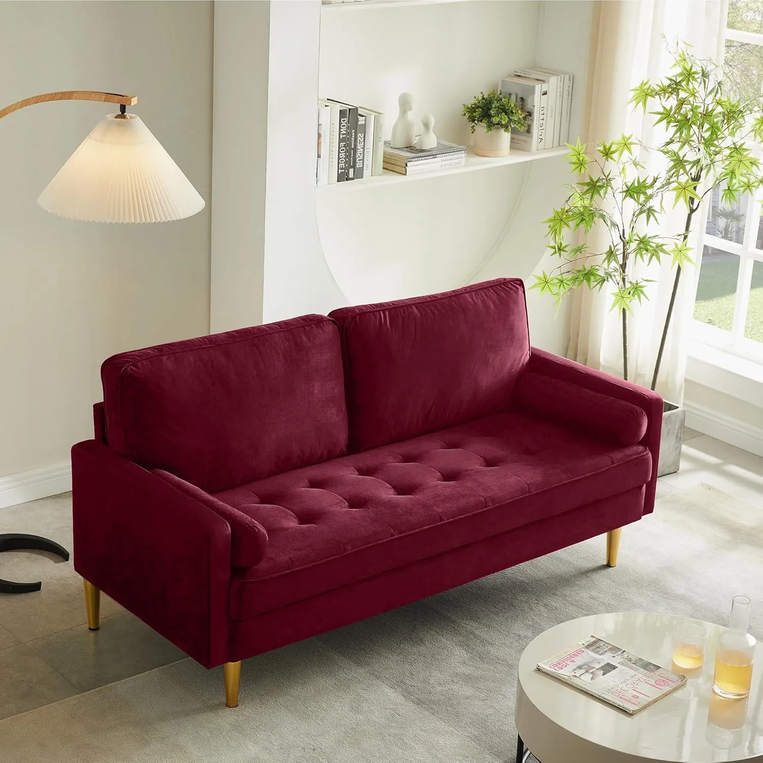 67" Modern Velvet Loveseat Sofa Couch, Mid-Century Tufted Upholstered Small Love Seat Couch with 2 Pillows & 4 Golden Legs, 2-Seats Couches for Compact Space, Living Room, Apartment (Burgundy)