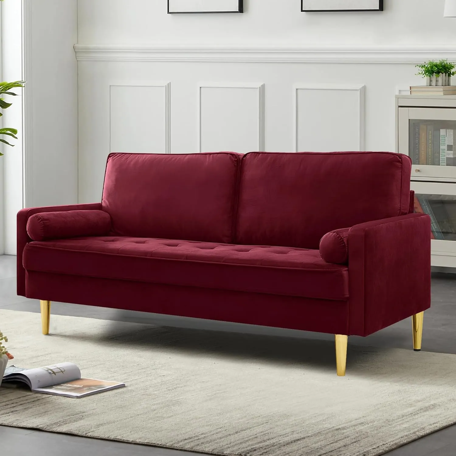 67" Modern Velvet Loveseat Sofa Couch, Mid-Century Tufted Upholstered Small Love Seat Couch with 2 Pillows & 4 Golden Legs, 2-Seats Couches for Compact Space, Living Room, Apartment (Burgundy)