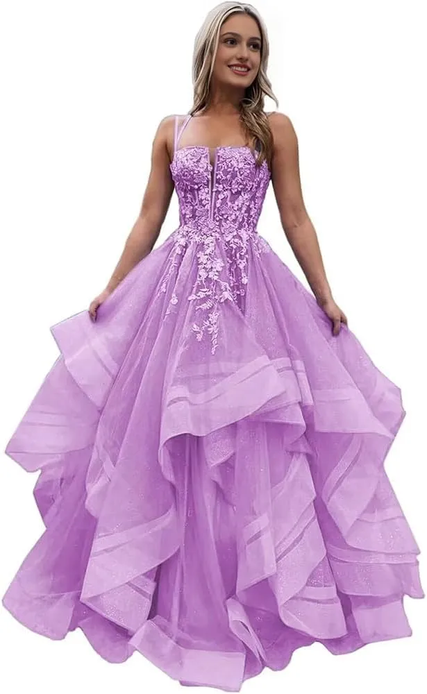 a-line Princess Ruffle Prom Dress Crossed Straps Spaghetti Straps lace Applique Evening Gown