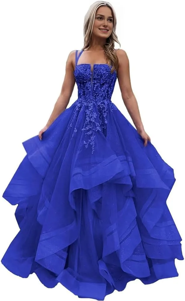 a-line Princess Ruffle Prom Dress Crossed Straps Spaghetti Straps lace Applique Evening Gown