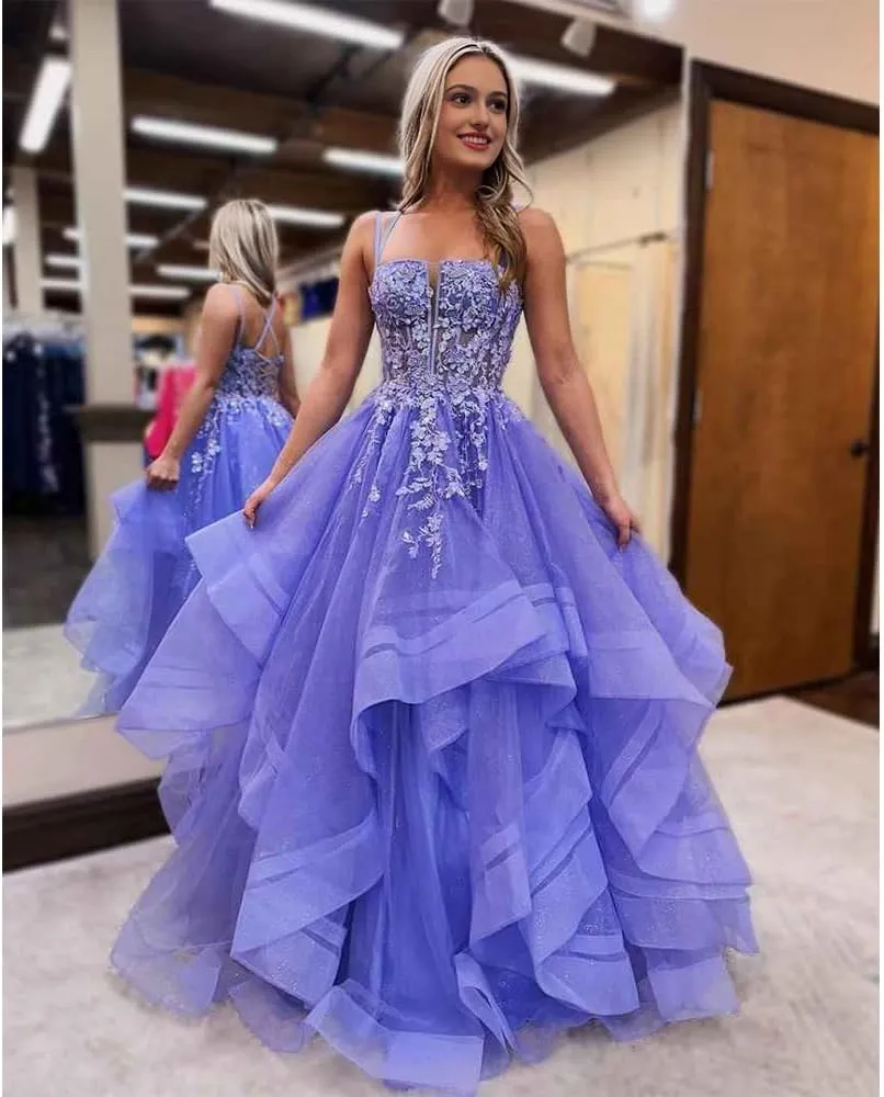 a-line Princess Ruffle Prom Dress Crossed Straps Spaghetti Straps lace Applique Evening Gown