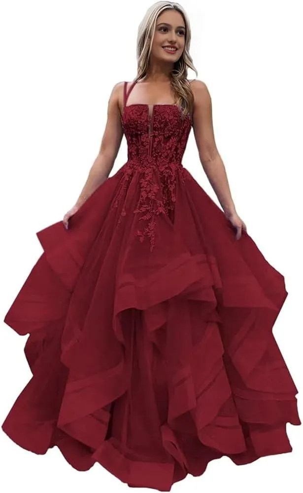a-line Princess Ruffle Prom Dress Crossed Straps Spaghetti Straps lace Applique Evening Gown