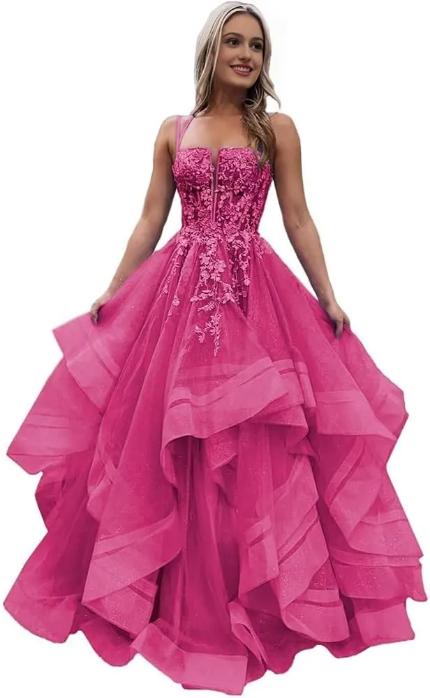 a-line Princess Ruffle Prom Dress Crossed Straps Spaghetti Straps lace Applique Evening Gown