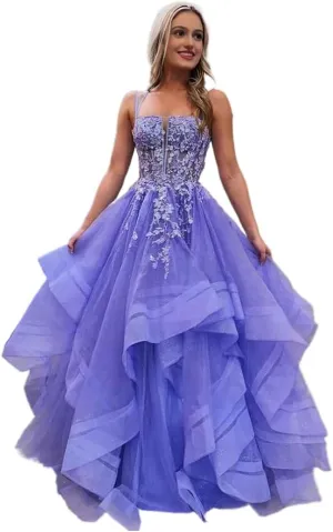 a-line Princess Ruffle Prom Dress Crossed Straps Spaghetti Straps lace Applique Evening Gown