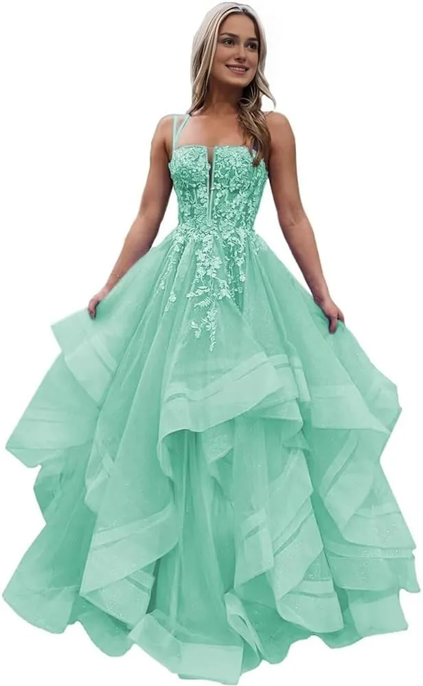a-line Princess Ruffle Prom Dress Crossed Straps Spaghetti Straps lace Applique Evening Gown