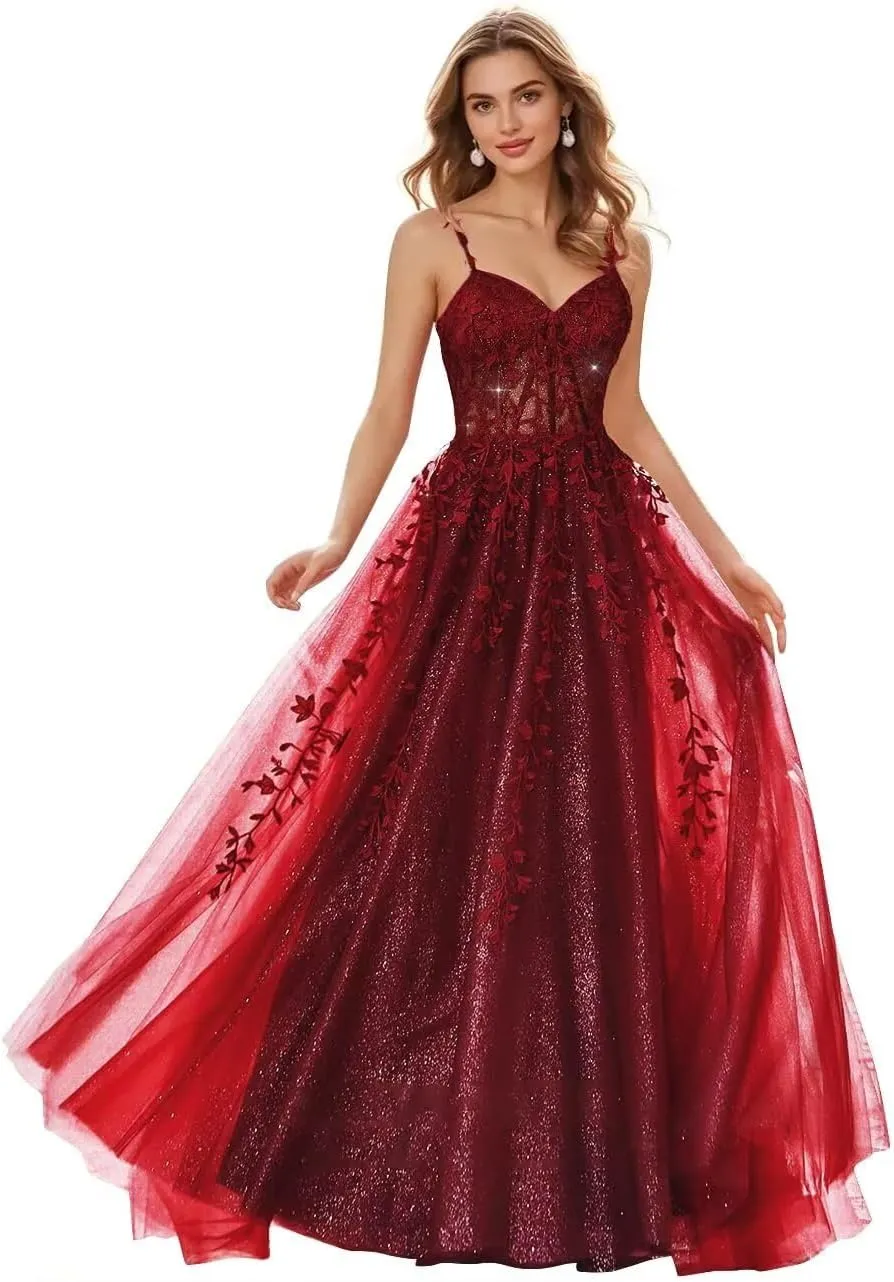A Line Spaghetti Straps Satin Formal Evening Prom Dress for Women Lace Appliques Wedding Party Dress with Slit