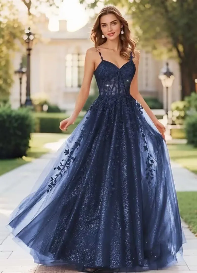 A Line Spaghetti Straps Satin Formal Evening Prom Dress for Women Lace Appliques Wedding Party Dress with Slit