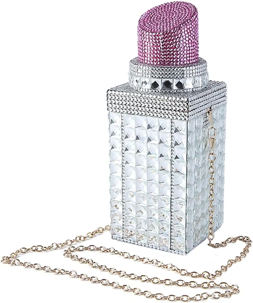 Acrylic Lipstick Shaped Evening Clutch Purse Women Sparkly Rhinestone Handbag Party Wedding Bride Shoulder Purse