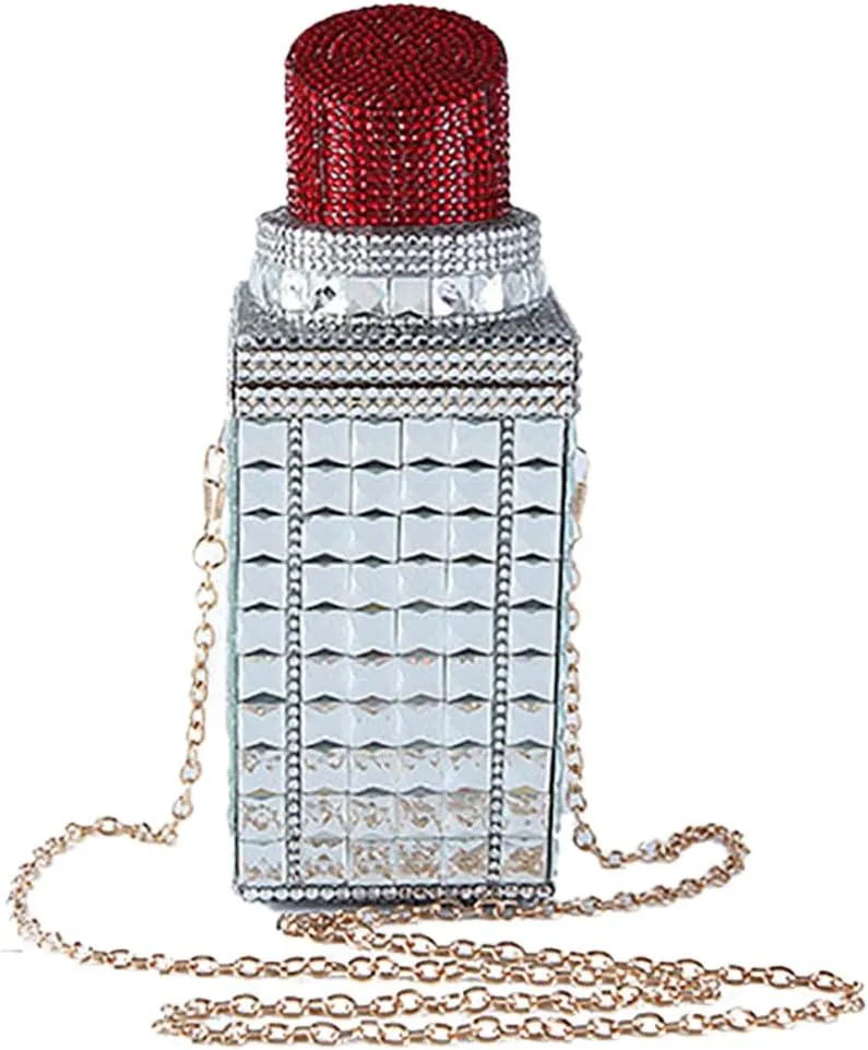 Acrylic Lipstick Shaped Evening Clutch Purse Women Sparkly Rhinestone Handbag Party Wedding Bride Shoulder Purse