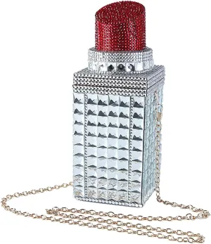 Acrylic Lipstick Shaped Evening Clutch Purse Women Sparkly Rhinestone Handbag Party Wedding Bride Shoulder Purse