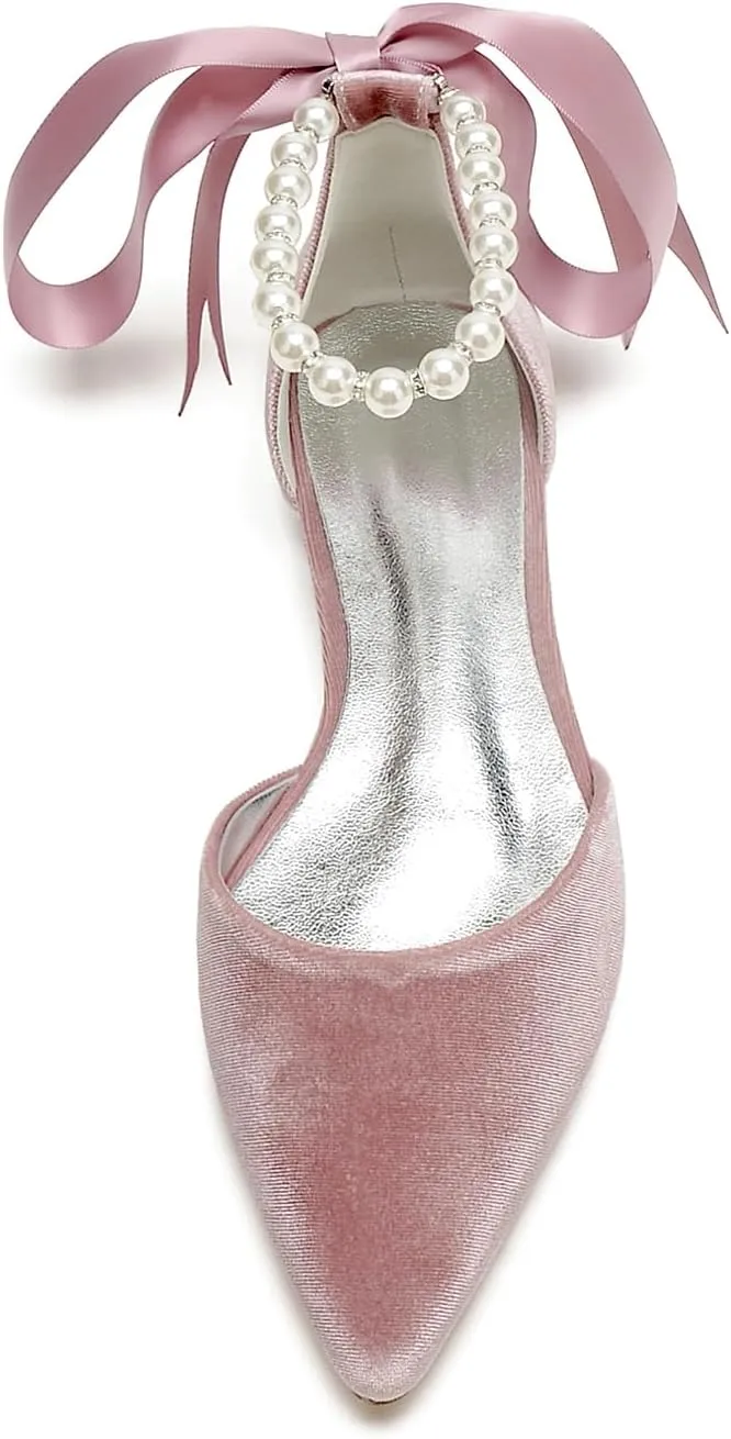ADMLZQQ Women Velvet Wedding Flats Shoes for Bride Pointed Toe Prom Evening Bridal Party Dress Flats
