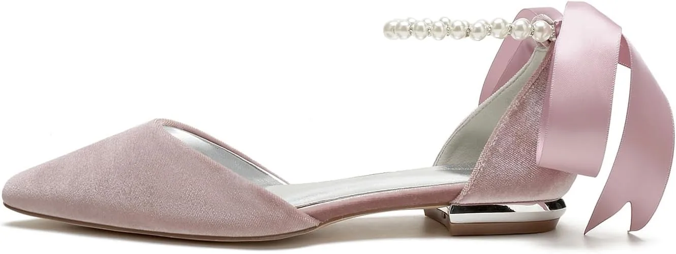 ADMLZQQ Women Velvet Wedding Flats Shoes for Bride Pointed Toe Prom Evening Bridal Party Dress Flats