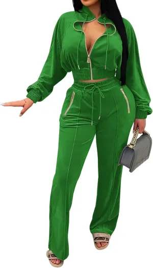 Adogirl Women 2 Piece Outfits Velour Sweatsuit Jogging Suit Full Zipper Sweatshirt   Wide Leg Sweatpants Tracksuit Lounge Set