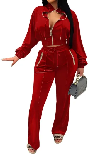 Adogirl Women 2 Piece Outfits Velour Sweatsuit Jogging Suit Full Zipper Sweatshirt   Wide Leg Sweatpants Tracksuit Lounge Set
