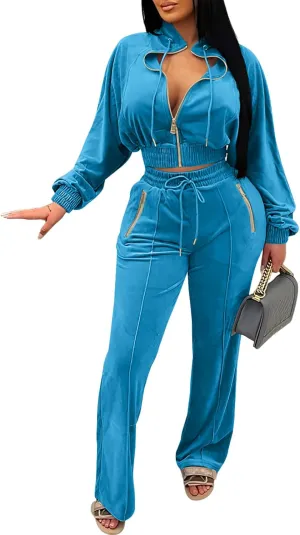 Adogirl Women 2 Piece Outfits Velour Sweatsuit Jogging Suit Full Zipper Sweatshirt   Wide Leg Sweatpants Tracksuit Lounge Set