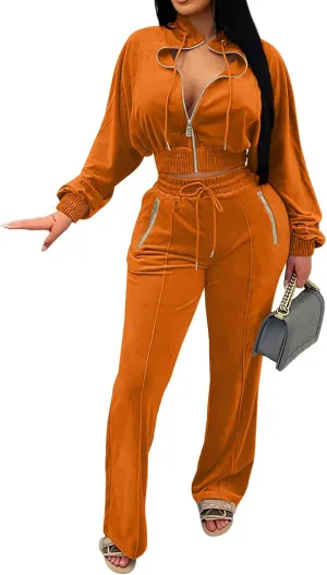 Adogirl Women 2 Piece Outfits Velour Sweatsuit Jogging Suit Full Zipper Sweatshirt   Wide Leg Sweatpants Tracksuit Lounge Set