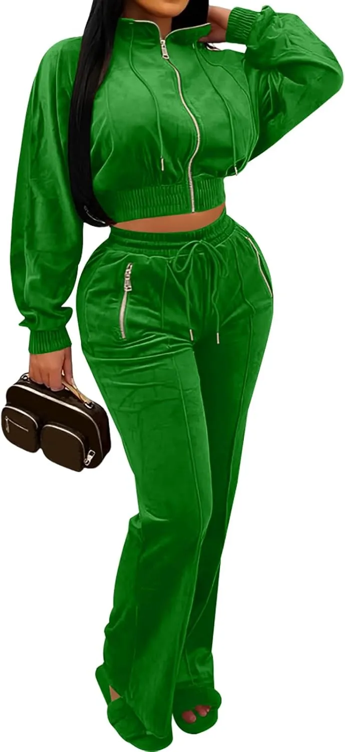 Adogirl Women 2 Piece Outfits Velour Sweatsuit Jogging Suit Full Zipper Sweatshirt   Wide Leg Sweatpants Tracksuit Lounge Set
