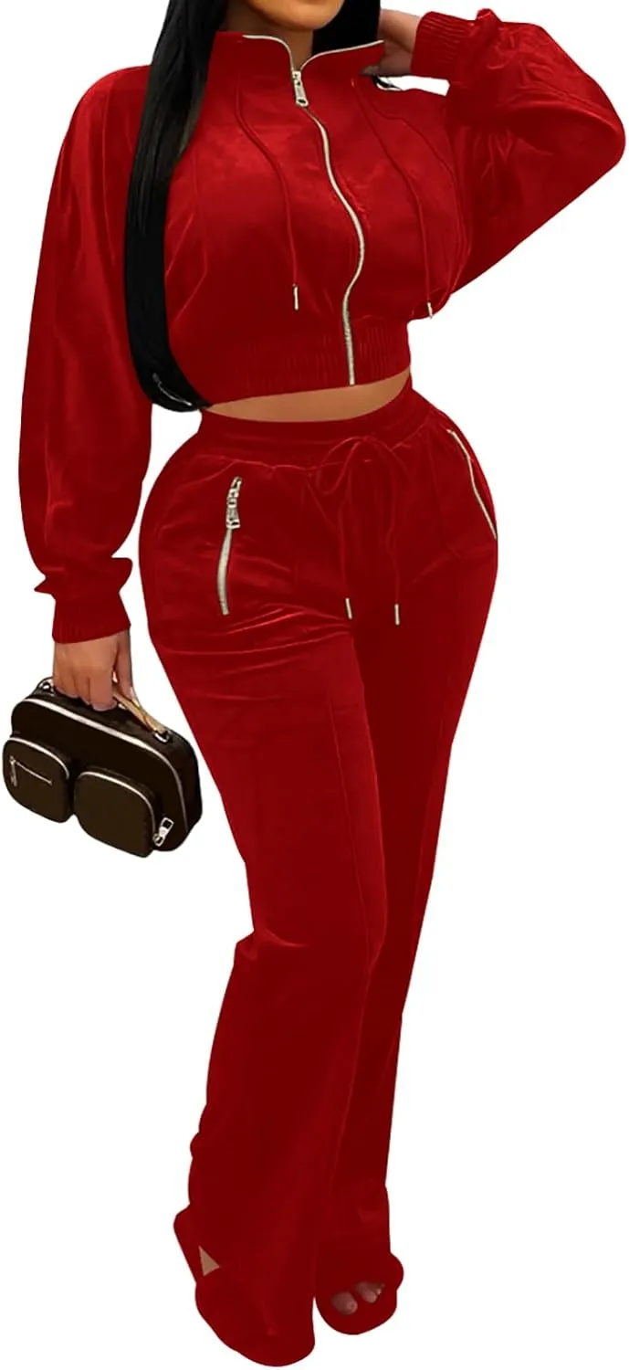 Adogirl Women 2 Piece Outfits Velour Sweatsuit Jogging Suit Full Zipper Sweatshirt   Wide Leg Sweatpants Tracksuit Lounge Set