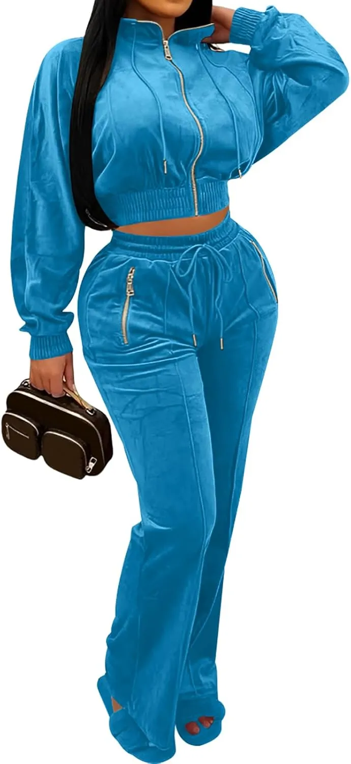 Adogirl Women 2 Piece Outfits Velour Sweatsuit Jogging Suit Full Zipper Sweatshirt   Wide Leg Sweatpants Tracksuit Lounge Set