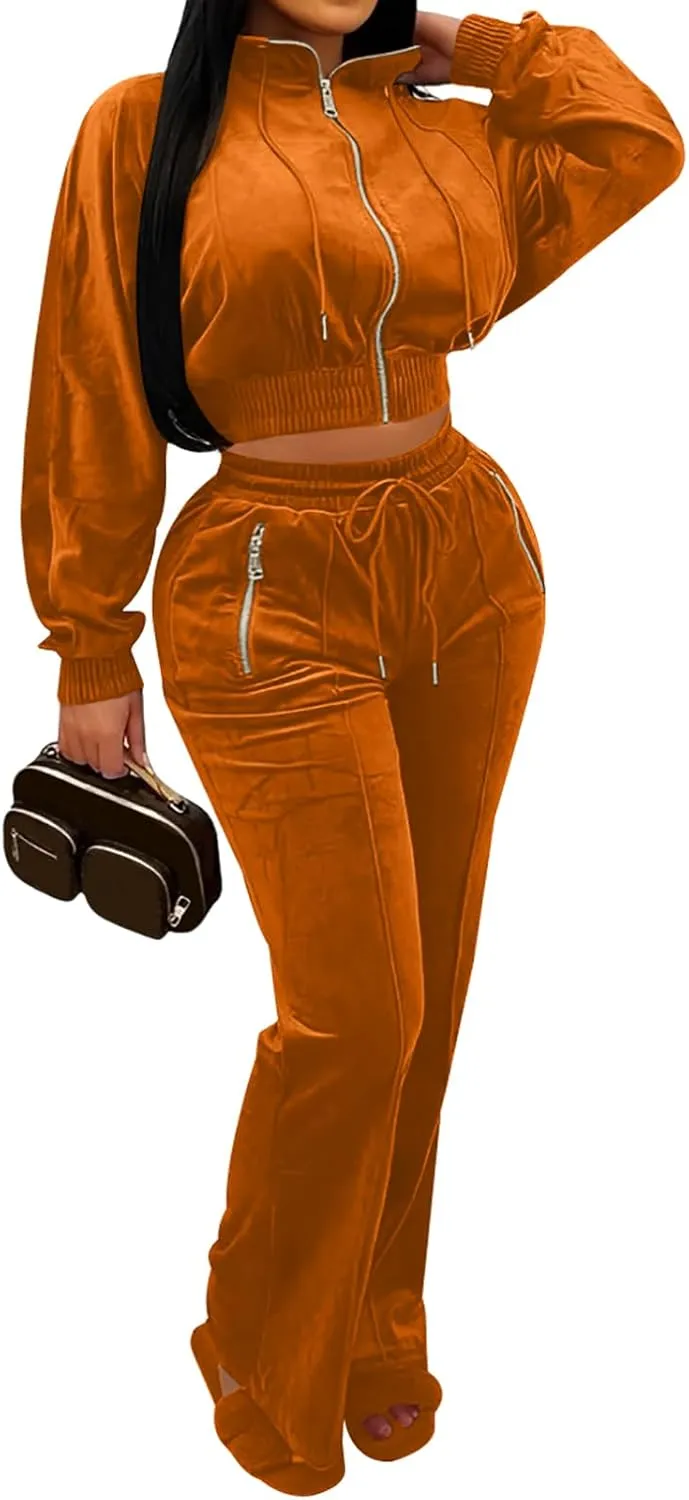 Adogirl Women 2 Piece Outfits Velour Sweatsuit Jogging Suit Full Zipper Sweatshirt   Wide Leg Sweatpants Tracksuit Lounge Set