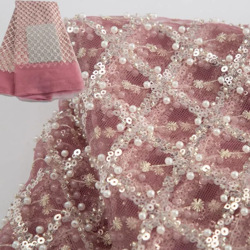 African Lace Fabric 5 Yards French Embroidery Floral Mesh Lace Fabric with Sequins Rhinestone for Wedding Party Sewing (36345)
