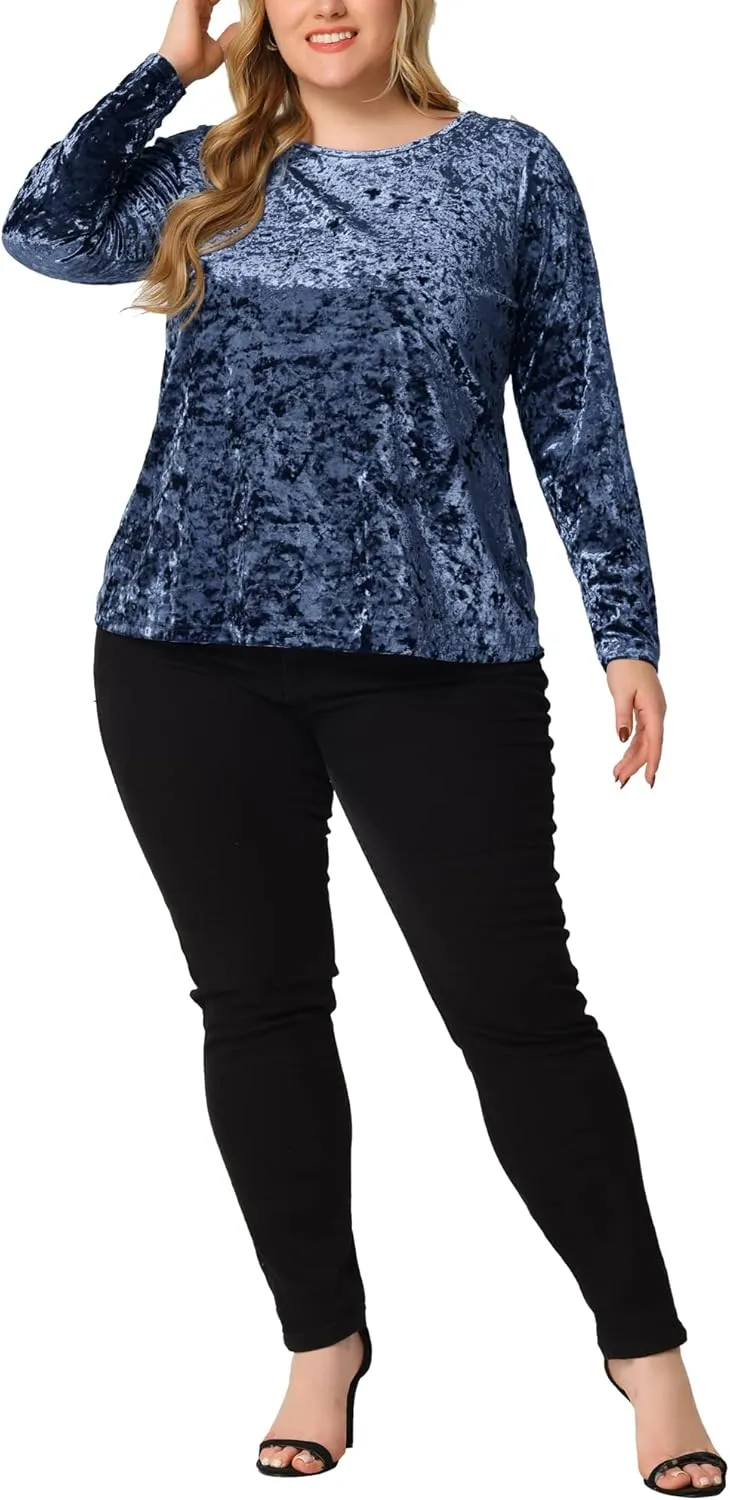 Agnes Orinda Plus Size Velvet Top for Women Tops Crew Neck Long Sleeve Casual T-Shirt 2023