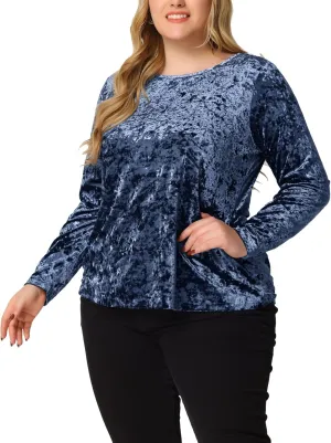 Agnes Orinda Plus Size Velvet Top for Women Tops Crew Neck Long Sleeve Casual T-Shirt 2023
