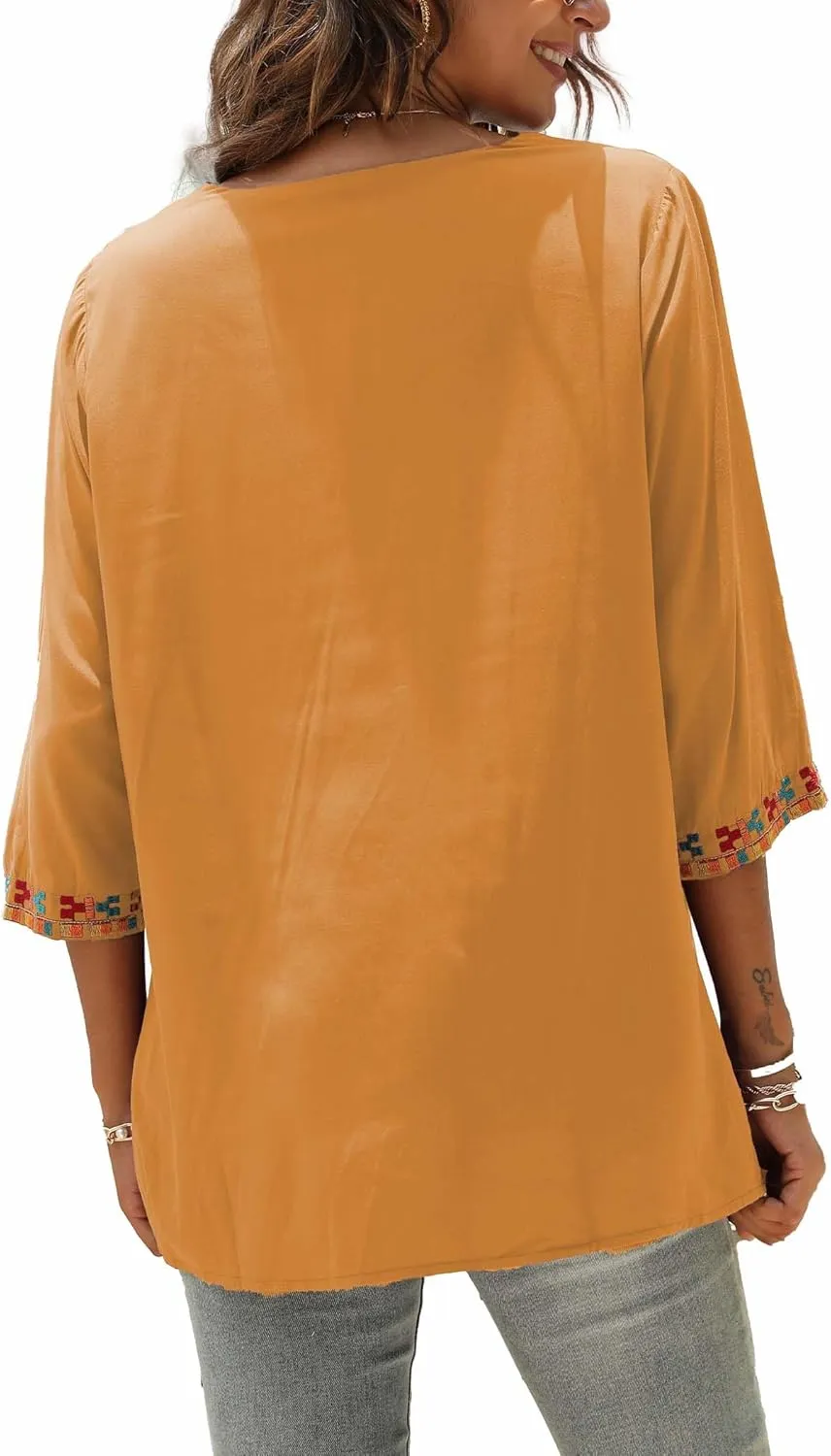 AK Embroidered Tops for Women 3/4 Sleeve Peasant Blouse Mexican Shirts V Neck Traditional Tunic Casual Tops