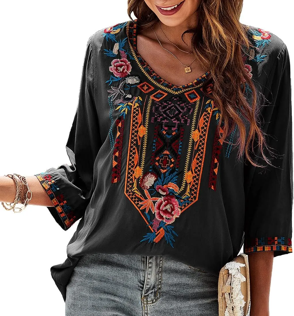 AK Embroidered Tops for Women 3/4 Sleeve Peasant Blouse Mexican Shirts V Neck Traditional Tunic Casual Tops
