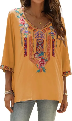 AK Embroidered Tops for Women 3/4 Sleeve Peasant Blouse Mexican Shirts V Neck Traditional Tunic Casual Tops