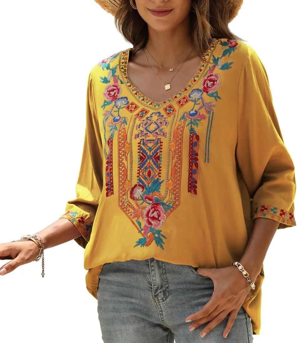 AK Embroidered Tops for Women 3/4 Sleeve Peasant Blouse Mexican Shirts V Neck Traditional Tunic Casual Tops