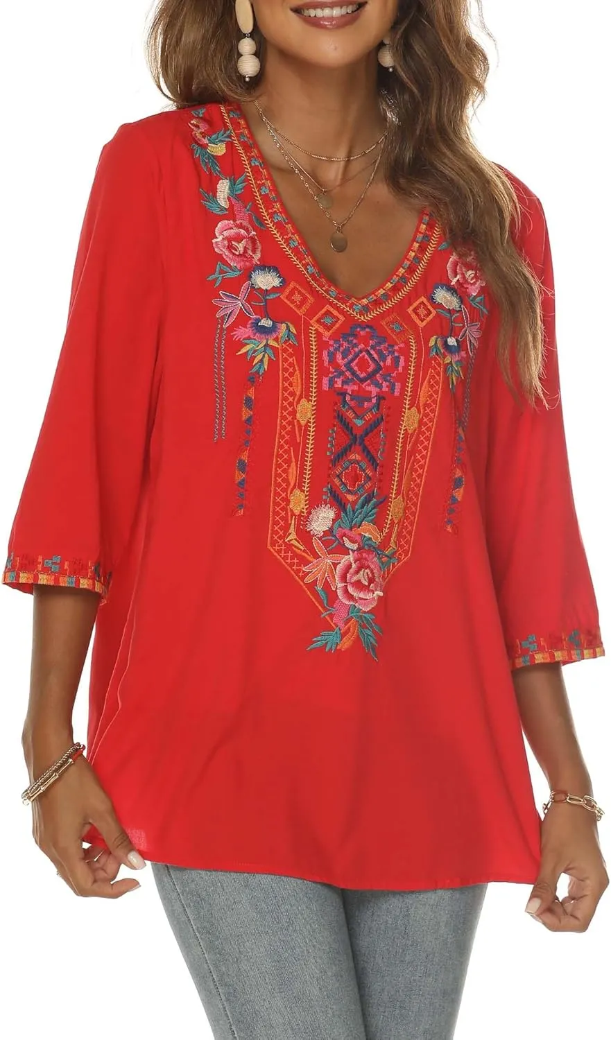 AK Embroidered Tops for Women 3/4 Sleeve Peasant Blouse Mexican Shirts V Neck Traditional Tunic Casual Tops