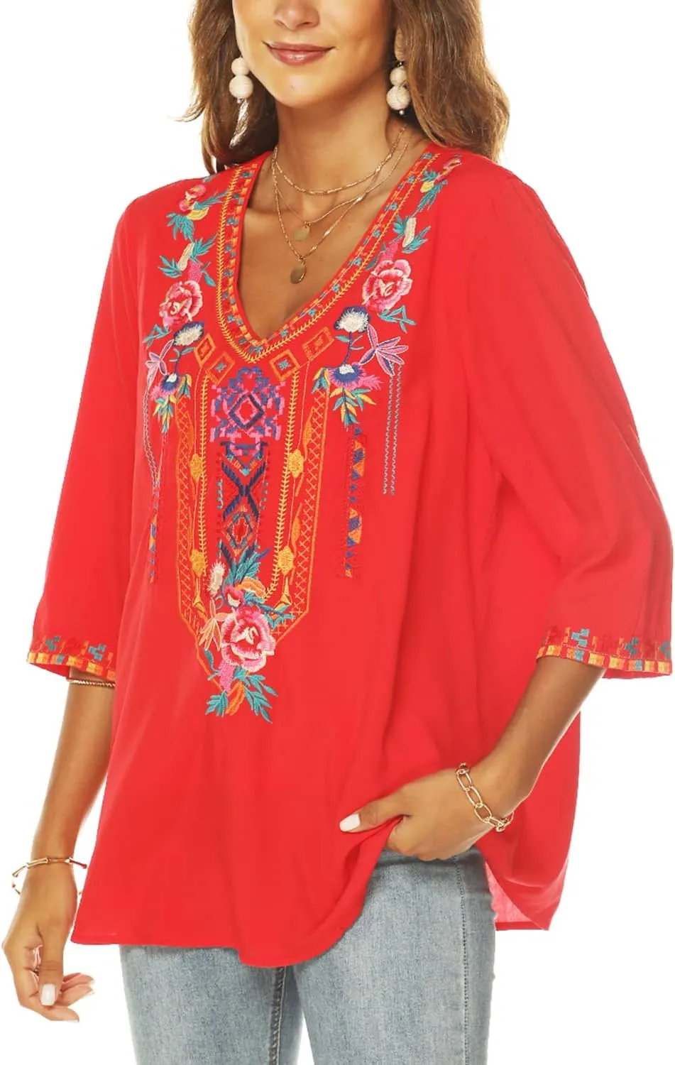 AK Embroidered Tops for Women 3/4 Sleeve Peasant Blouse Mexican Shirts V Neck Traditional Tunic Casual Tops