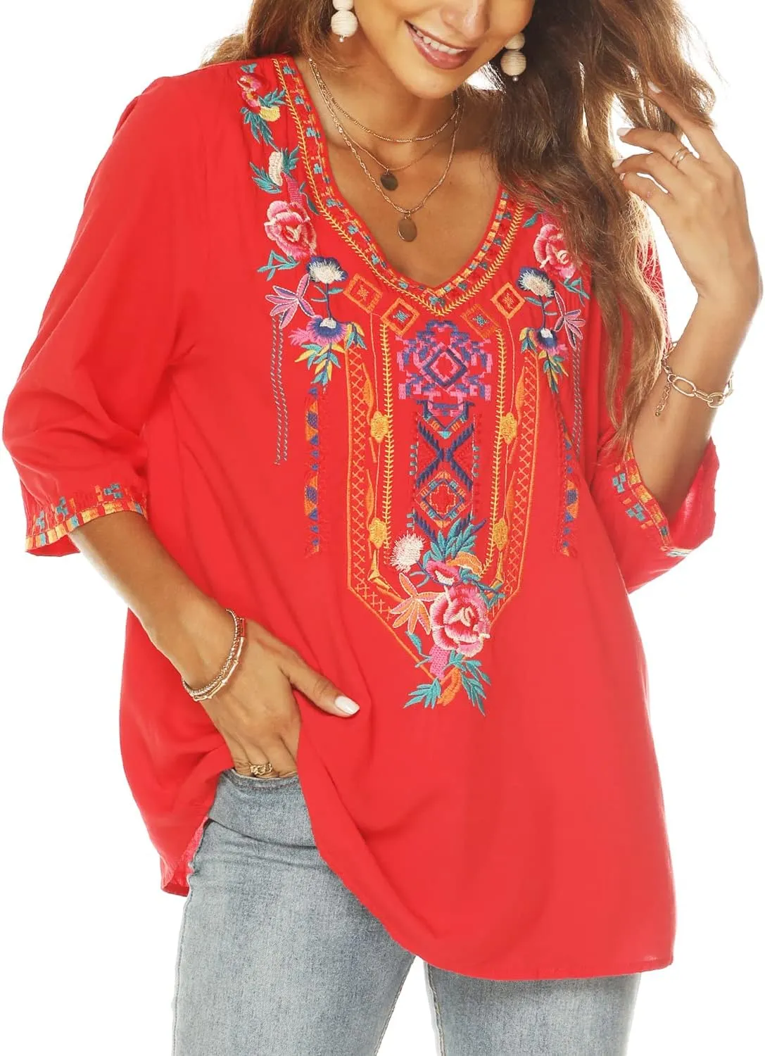 AK Embroidered Tops for Women 3/4 Sleeve Peasant Blouse Mexican Shirts V Neck Traditional Tunic Casual Tops