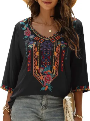 AK Embroidered Tops for Women 3/4 Sleeve Peasant Blouse Mexican Shirts V Neck Traditional Tunic Casual Tops