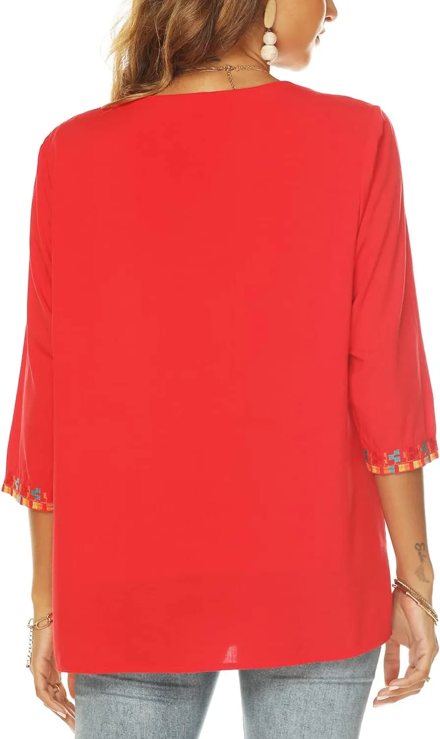 AK Embroidered Tops for Women 3/4 Sleeve Peasant Blouse Mexican Shirts V Neck Traditional Tunic Casual Tops