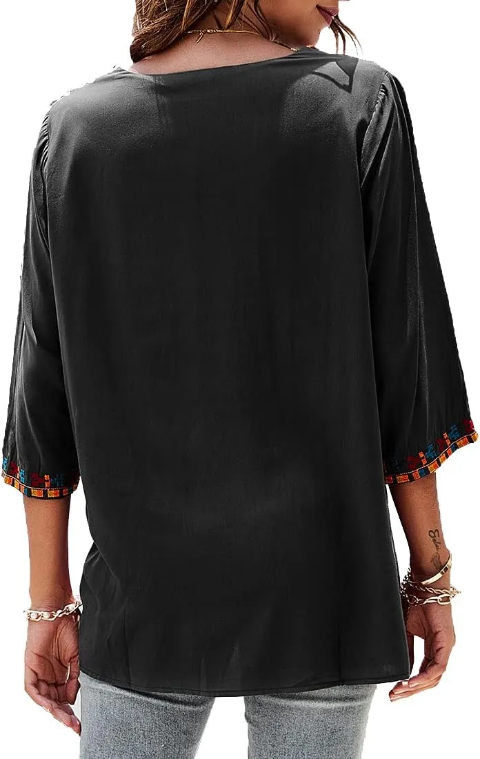 AK Embroidered Tops for Women 3/4 Sleeve Peasant Blouse Mexican Shirts V Neck Traditional Tunic Casual Tops