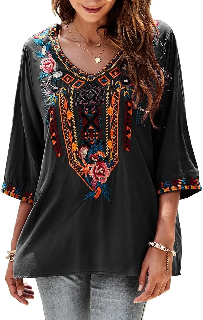 AK Embroidered Tops for Women 3/4 Sleeve Peasant Blouse Mexican Shirts V Neck Traditional Tunic Casual Tops
