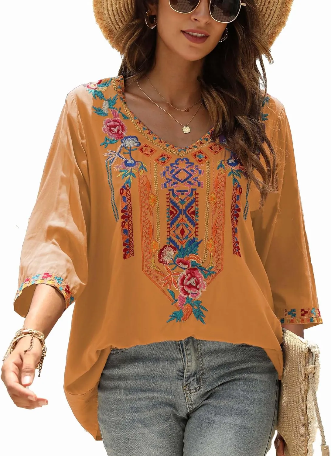 AK Embroidered Tops for Women 3/4 Sleeve Peasant Blouse Mexican Shirts V Neck Traditional Tunic Casual Tops