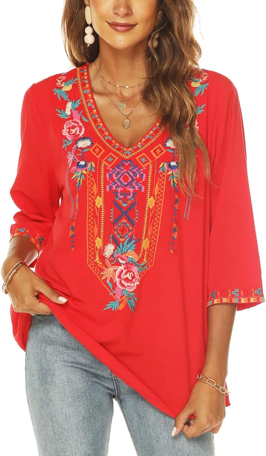 AK Embroidered Tops for Women 3/4 Sleeve Peasant Blouse Mexican Shirts V Neck Traditional Tunic Casual Tops