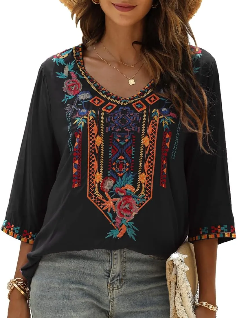 AK Embroidered Tops for Women 3/4 Sleeve Peasant Blouse Mexican Shirts V Neck Traditional Tunic Casual Tops