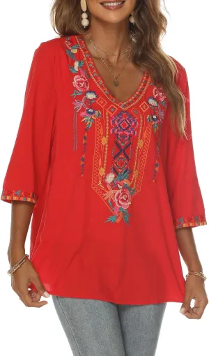 AK Embroidered Tops for Women 3/4 Sleeve Peasant Blouse Mexican Shirts V Neck Traditional Tunic Casual Tops